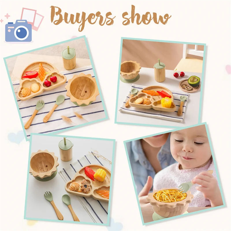 1Set Baby Bamboo Sucker Plates Cups Fork Spoon BPA Free Silicone Non-slip Tableware Children's Feeding Dishes Infant Birth Gifts 3