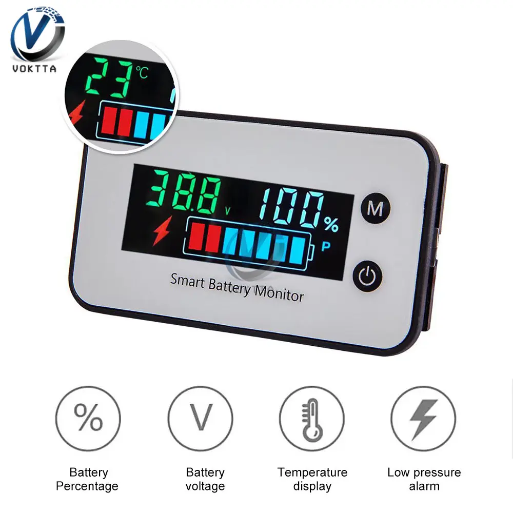 

Battery Display Tester Lithium Lead-acid LiFePO4 Battery Capacity Voltage Temperature Meter Tester Indicator 7-100V Voltmeter