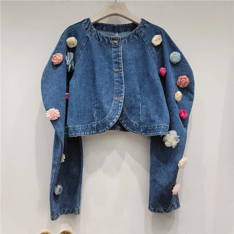 

Fashion Flowers Decoration Blue Short Denim Coat Spring New Irregular Single-breasted Round Neck Long Sleeve Female Jeans Jacket