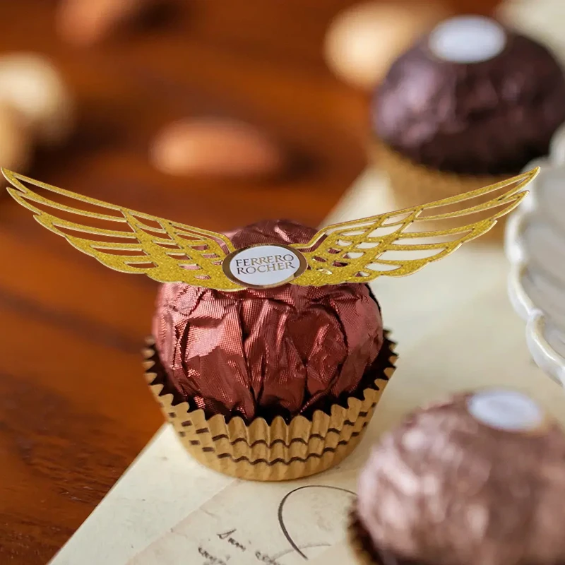 

50pcs Gold Paper Wizard Party Wings Chocolate Decoration Hollowed Wings Cupcake Toppers Cake Card Insert For Wedding Party Decor