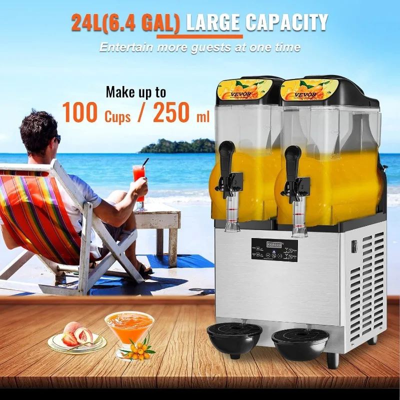 VEVOR Commercial Slushy Machine 24L/6.4Gal Double Bowl 100 Cup Margarita Machine, 640W Stainless Steel Margarita Smoothie Frozen 3