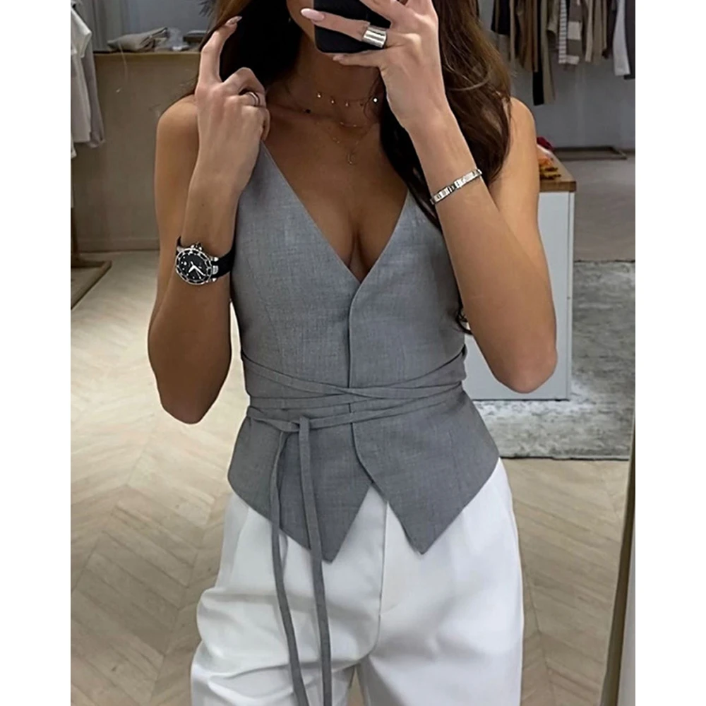 

Summer Fashion Woman Lace Up Casual Cami Tank Top Women Sexy Tied Detail Streetwear Blazer Vest Top Daily Elegant Work wear