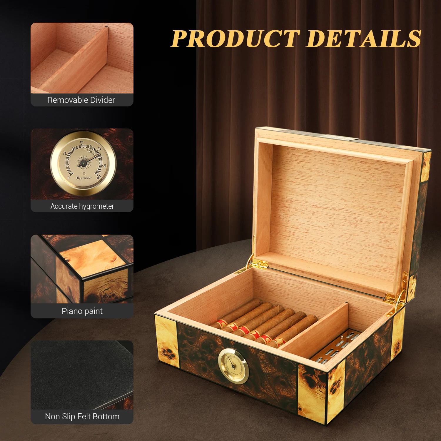 XIFEI Travel Cigar Humidor Box W/Hygrometer Humidifier 50pcs Capacity Cedar Wood Cabinet Portable Smoking Accessories