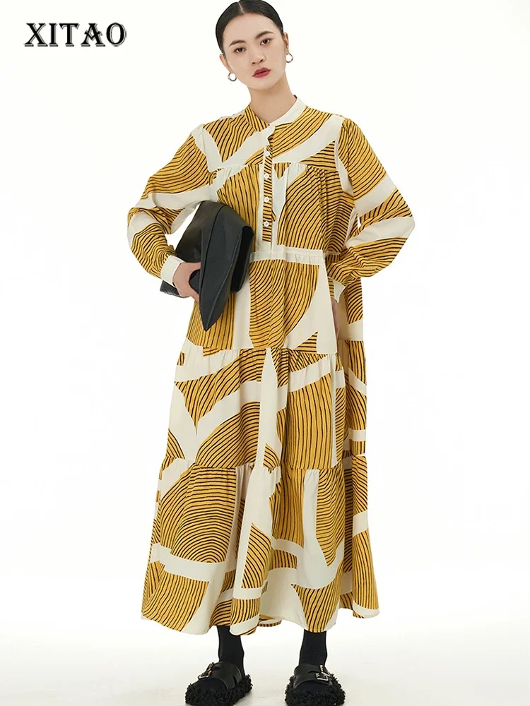 

XITAO/Полосатое платье контрастного цвета с принтом; Повседневное платье с длинными рукавами и воротником-стойкой в Корейском стиле; Универсальная уличная одежда; HQQ2077