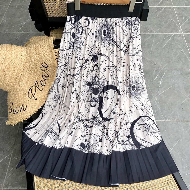 

Summer Pleated Skirt Geometric Print Universe Abstract Midi Skirt High Waist Elegant Fashion Women A Line Long Skirt