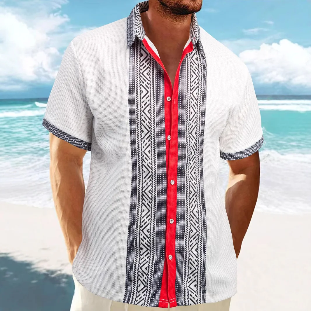 2025 Men's Waffle light ripe casual lapel cardigan patchwork buttons fashion urban summer beach short-sleeved shirt top 3