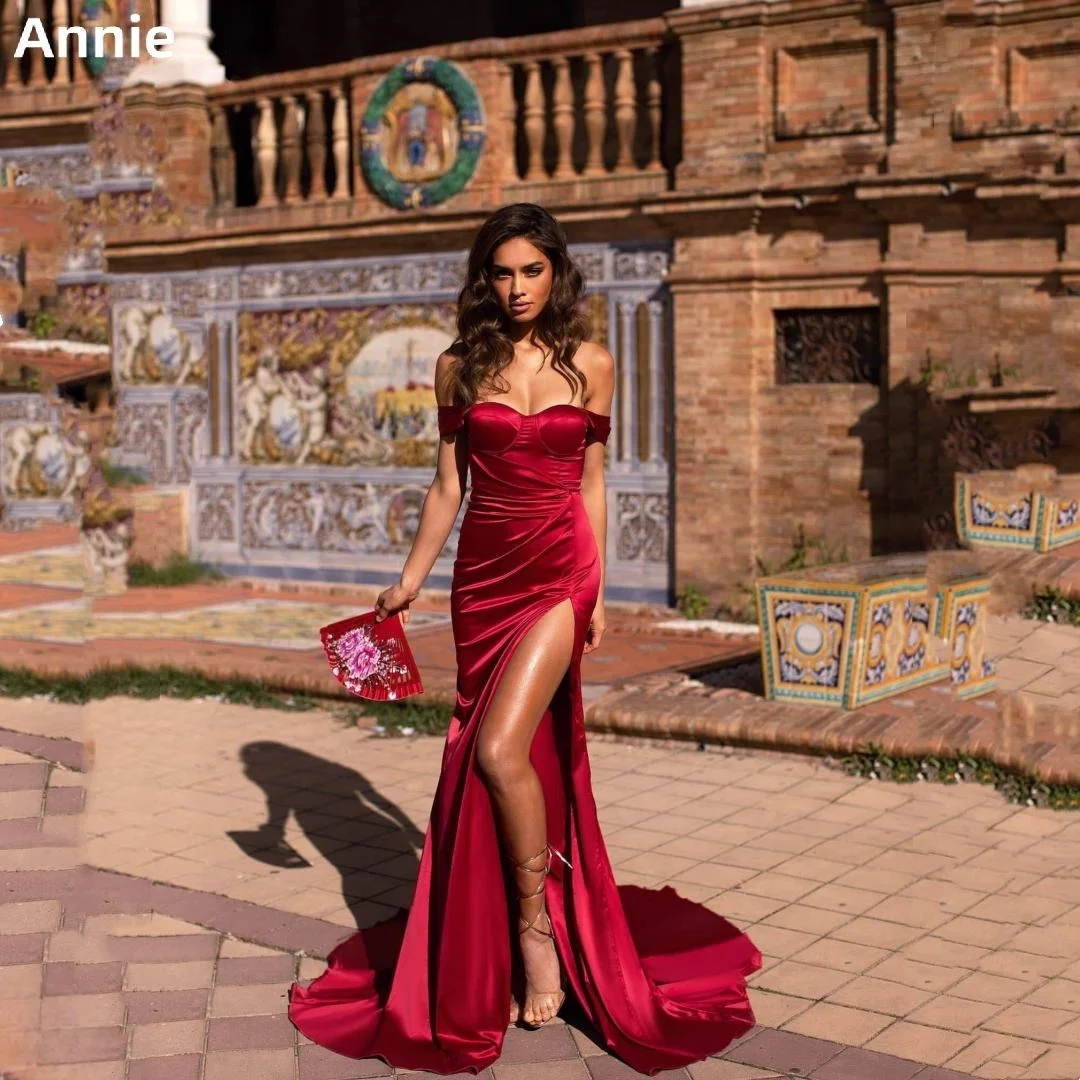 

Annie Red Evening Dress Belted Satin Off-the-shoulder Prom Dressess Side Slit Long Robe Vestidos De Noche