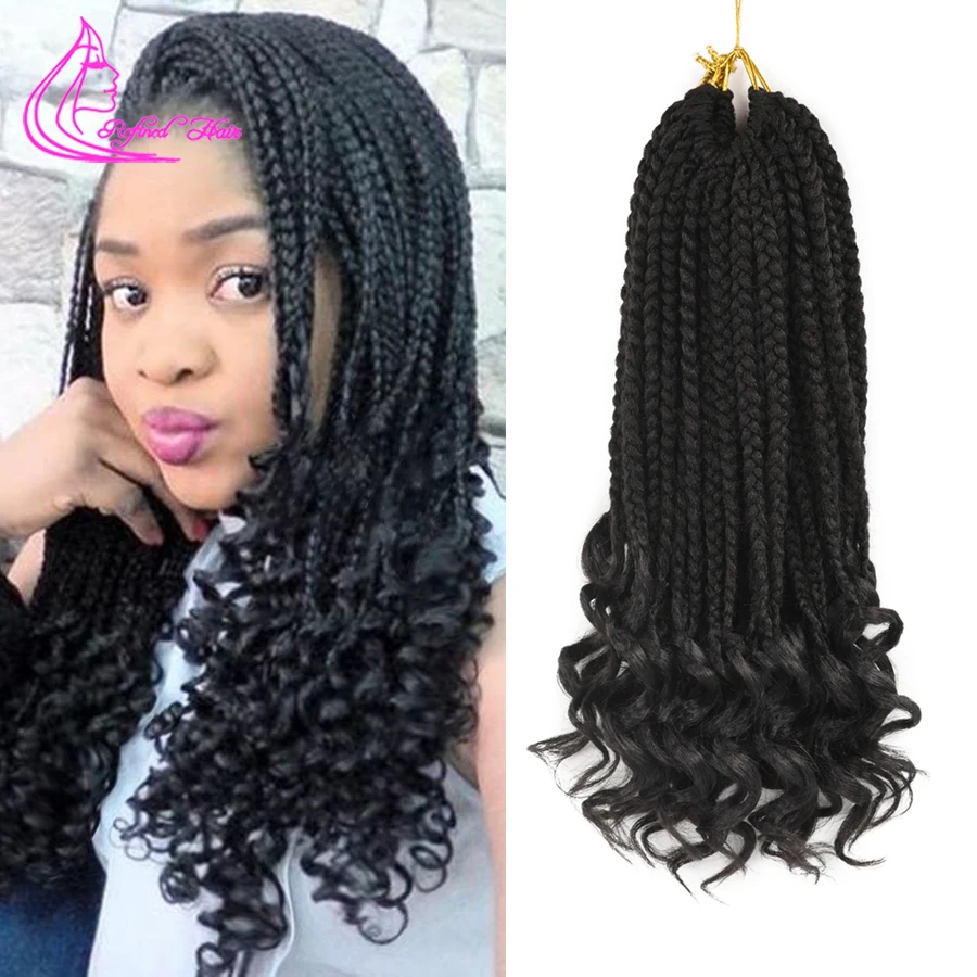 Curly Ends Box Braids Crochet Hair 14 18 24 inch Ombre Black Brown Crochet Braids 22Roots/pc Synthetic Braiding Hair Extensions
