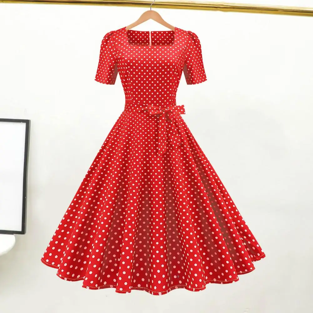 

Vintage Polka Dot Dress Classic Movie Style Elegant Timeless Retro Design Square Collar Women's Dress