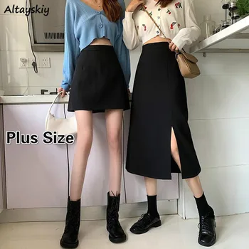 Black Skirts Women Mid-calf College A-line High Waist Korean Style All-match Friends Streetwear Chic Female Bottom Юбка Женская 1