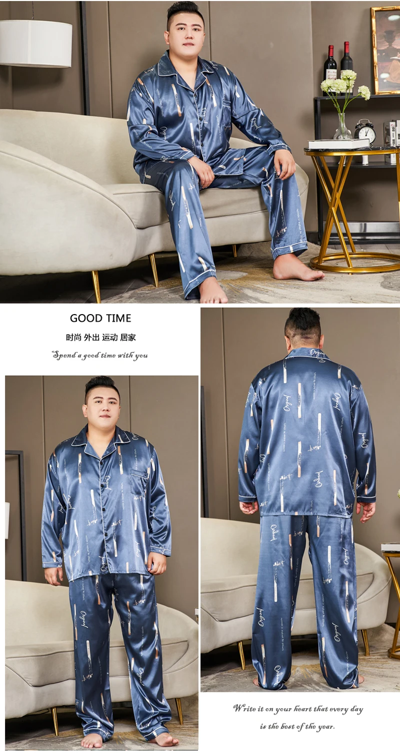3xl-5xl Plus Size 150kg Graphics Silk Pajamas for Men Autumn Spring New Long Sleeve Singer Breast Top and Pants Sleepwear Pjs