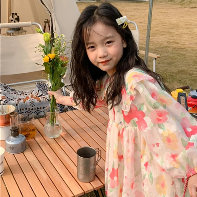 

2022 New Girls Dress Kids Beach Skirt Spring Summer Children's Clothing Pink Large Flower Dress Peter Pan Collar Princess Dress