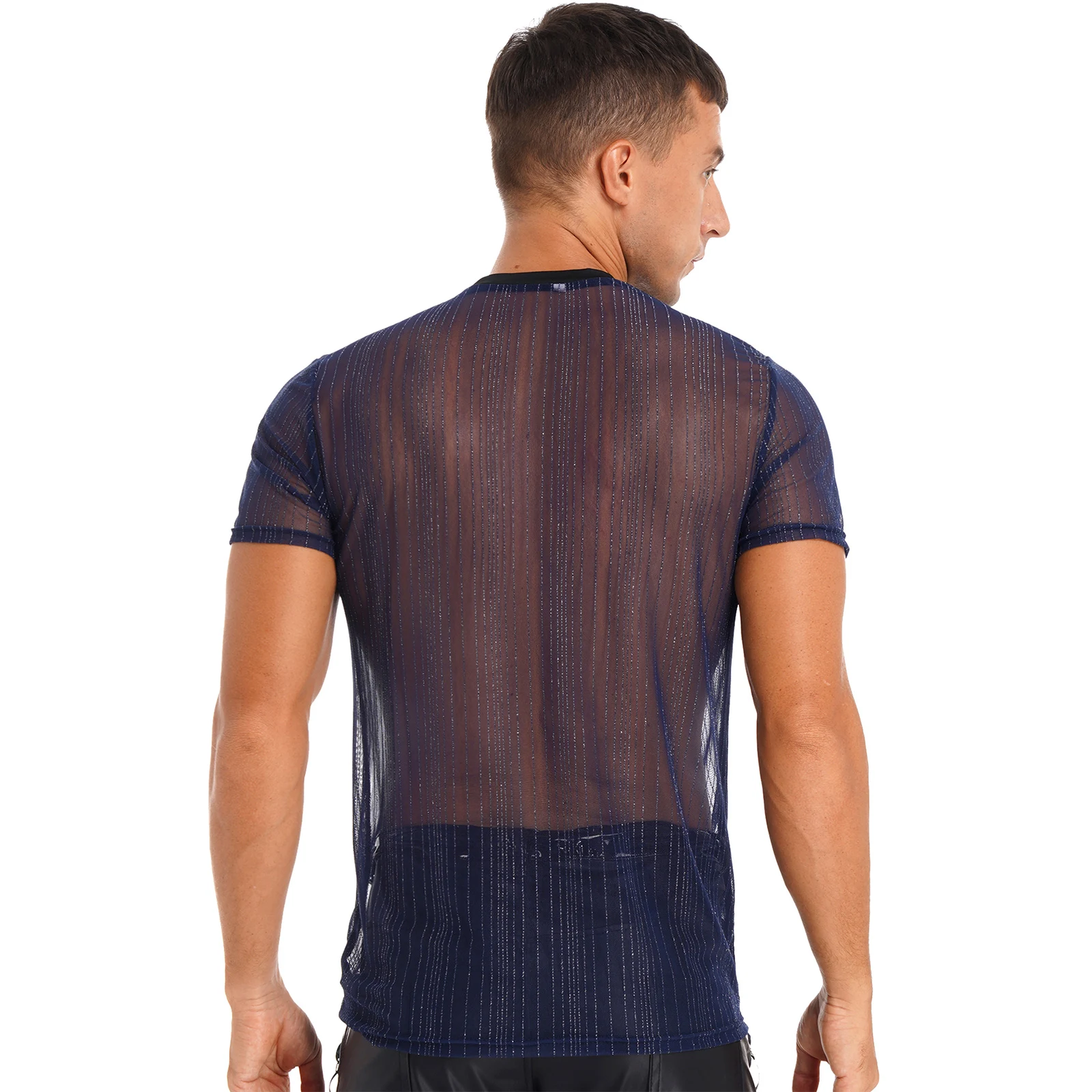 Fashion Men Glitter Mesh T Shirt Transparent Short Sleeve Slim Shiny Party Nightclub Sexy Thin T-shirts Breathable Camiseta