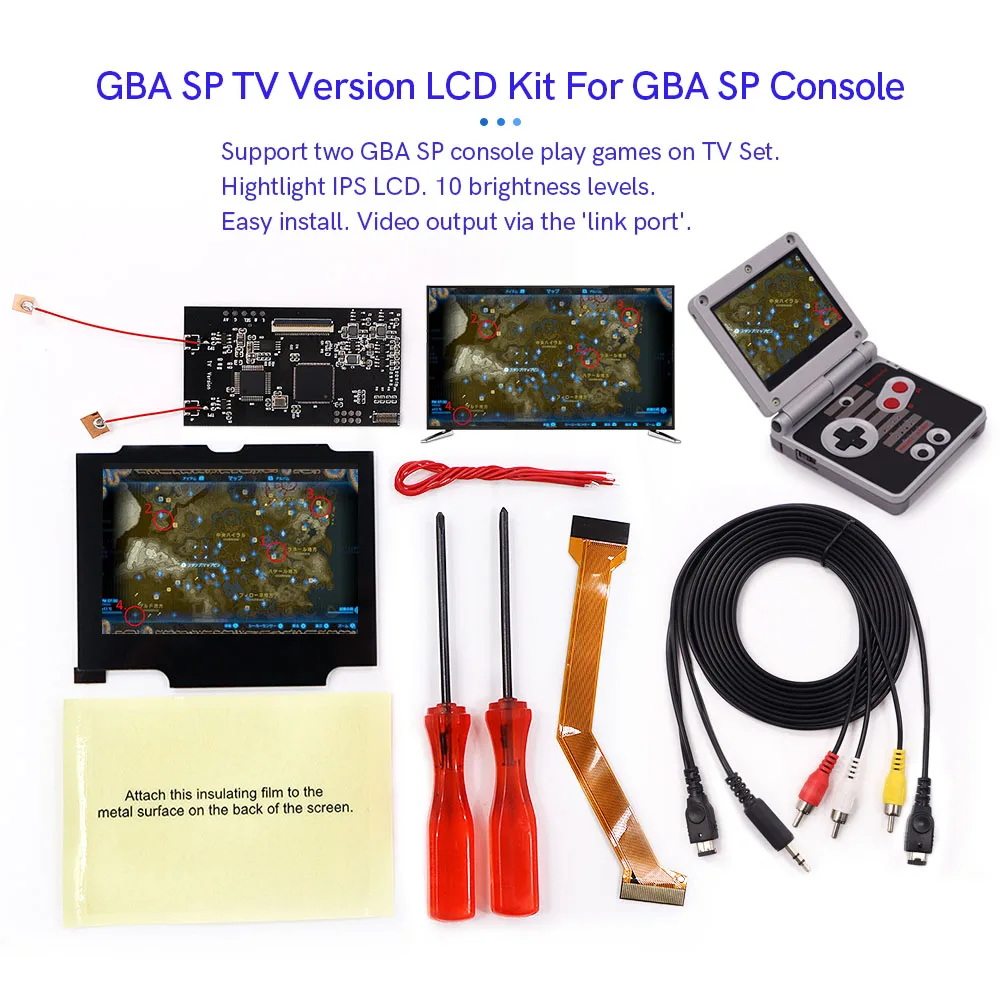 

TV Out GBA SP V2 IPS Backlight LCD Kits 10 Levels Brightness Adjutsment W/Pre-cut Shell For GameBoy Advance SP Console