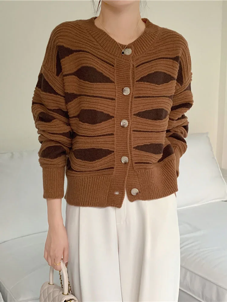 

ZOKI Fashion Striped Women Cardigan Sweater Casual O Neck Loose Button Up Knitted Coat Fall Long Sleeve Korean Winter Female Top