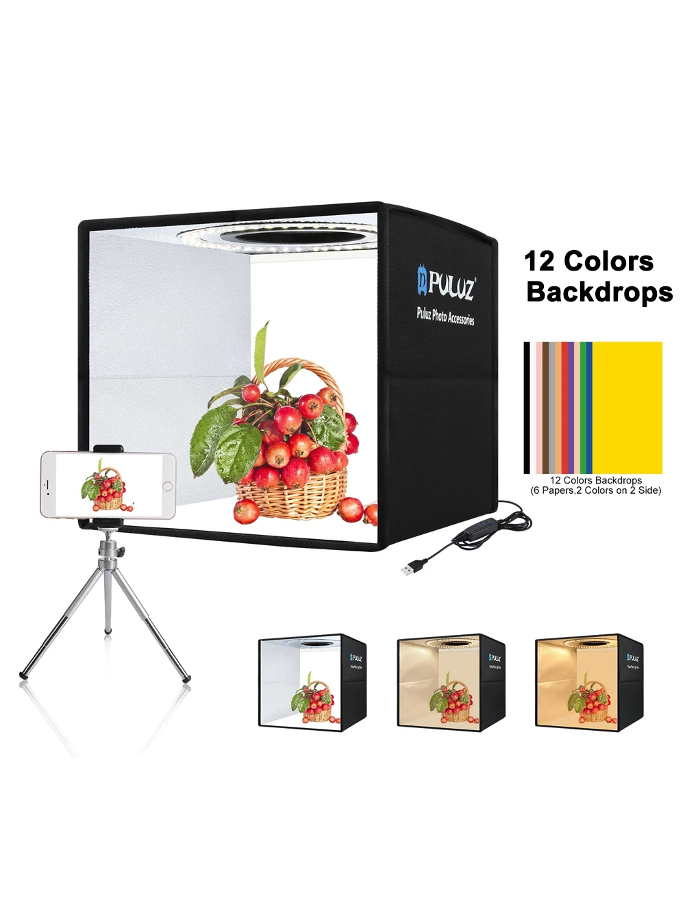 Sb307eb4ee75f45378a18cc57ef37b998M Puluz Mini Photo Studio Light Box,Portable Photo Studio Shooting Tent Box Kit,Photography Lightbox With 6/12 Colors Backgrounds