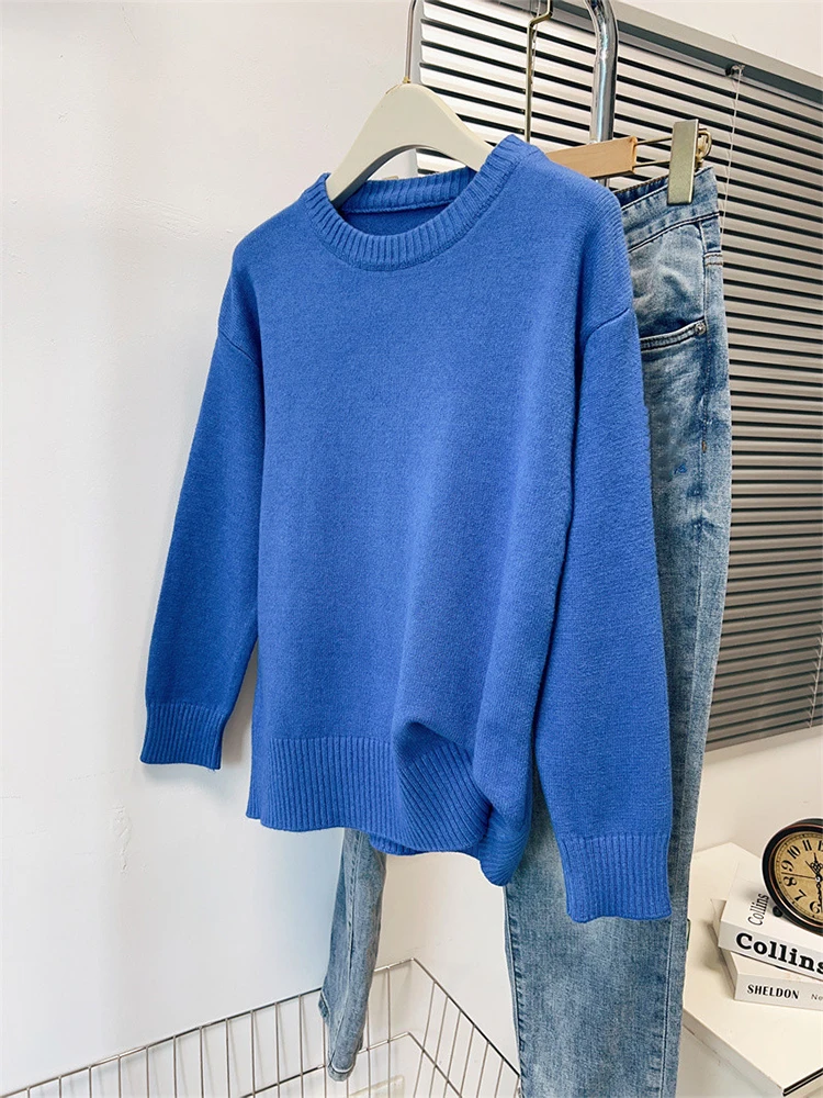 

Women's Blue Pullover Knitted Sweater Vintage Harajuku Y2k Fashion 90s Aesthetic Solid Color Long Sleeve Sweaters 2000s Clothes