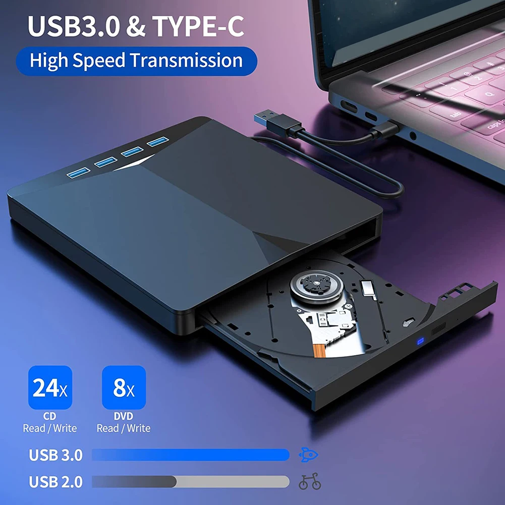 7 In 1 USB3.0 Type-C External CD DVD RW Optical Drive High-Speed Tray Type DVD Burner Recorder Reader Player For Windows 11/10 dvd player