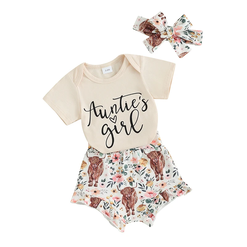 Girls 3 Piece Set Short Sleeve Letter Print Romper Elastic Waist Frill Trim Shorts Headband Aunties Bestie Baby Clothes