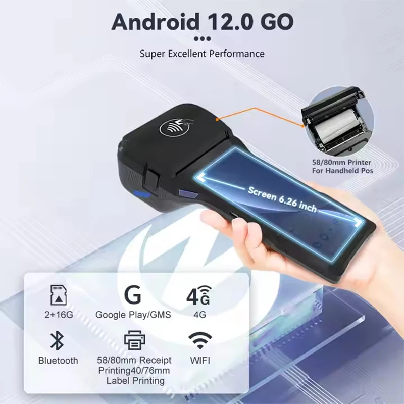 Handhe 6.26 inch Android 12 POS Terminal with 58/80mm Printer 2G+16G Memory Loyverse Desktop POS 4G WIFI BT Connection 2D Scanne