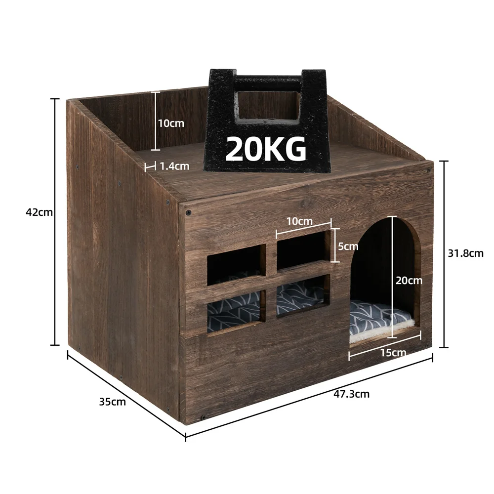 2 In 1 Wooden Cat House Puppy Rabbit Hideout Shelter Small Cat Pet End Table Furniture with Soft Washable Cushion Indoor Outdoor - Image 4