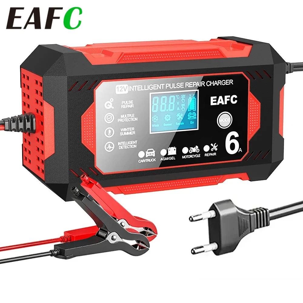 Caricabatterie per auto EAFC 12V 6A con schermo grande, dispositivo di ricarica rapida per la riparazione degli impulsi della batteria, per auto e moto, AGM, gel, piombo-acido bagnato