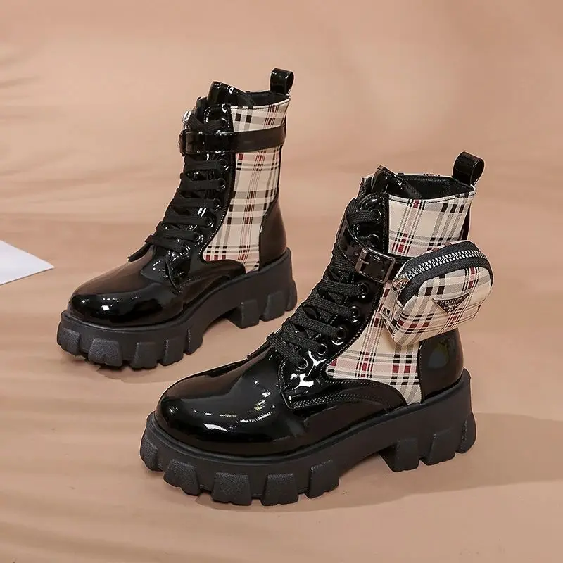 Women's Fashion Plaid Thick Bottom Medium Top Boots, Comfortable Non-slip Lace Up Boots Shoes