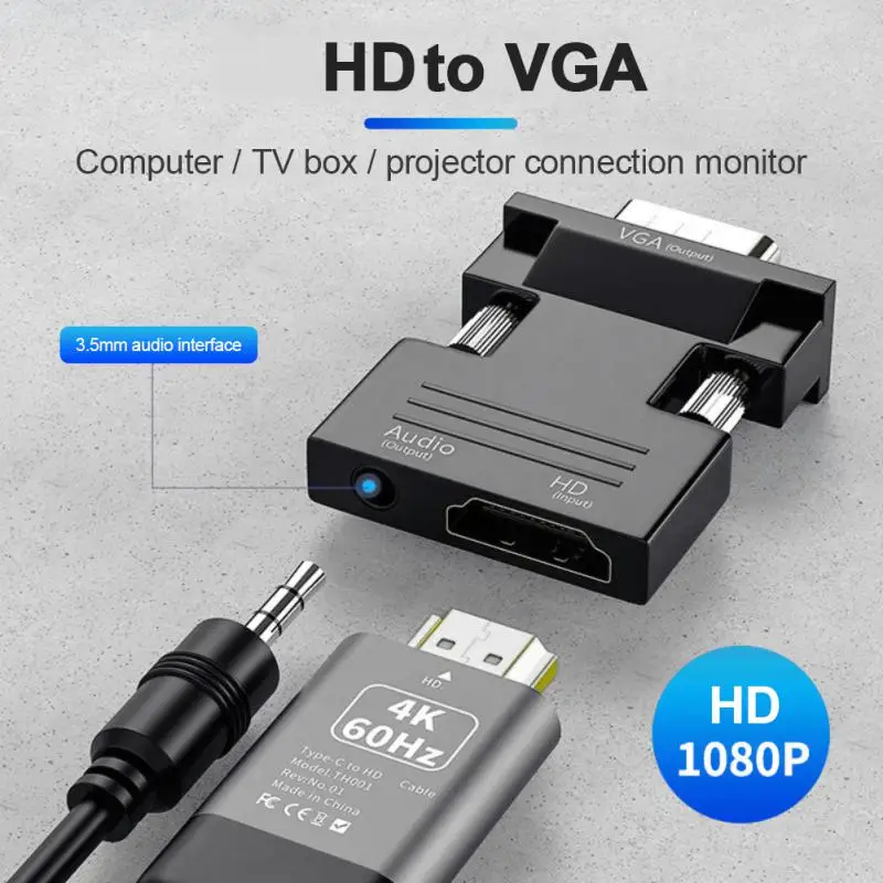 Adaptateur de convertisseur de câble VGA mâle vers HDMI, sortie 1080P HD +  Audio TV AV HDTV, 1080P HD-noir