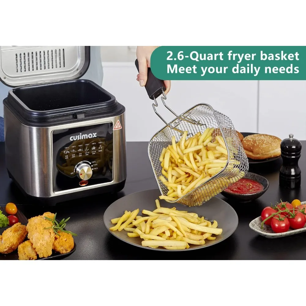 Electric Deep Fryer with Basket and Drip Hook, 2.6Qt Oil Capacity Fish Fryer, Removable Lid with View Window