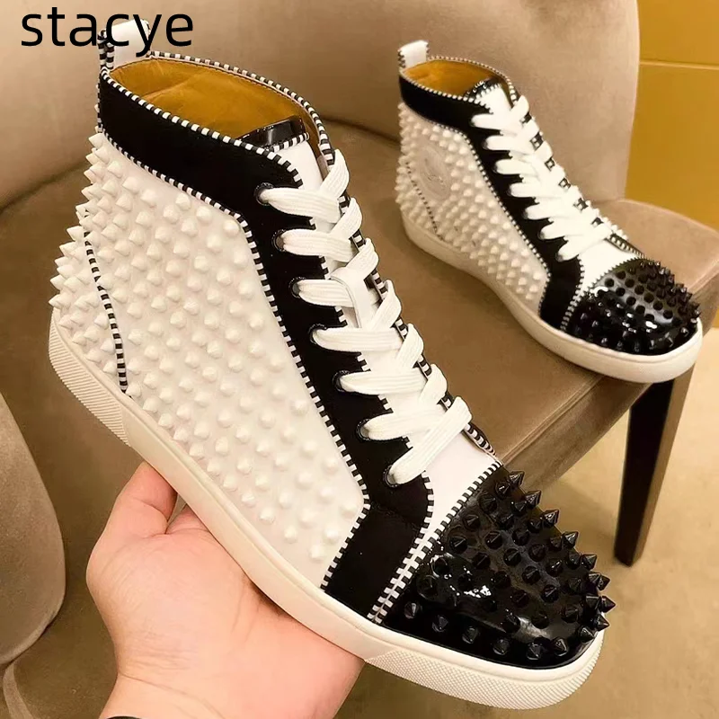 

Luxury designer men's shoes rivet red bottom high top full nail casual skate shoes color matching high quality white shoes