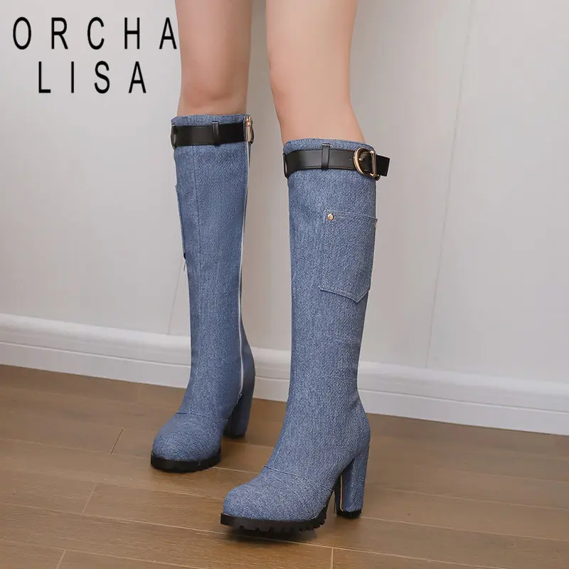 

ORCHA LISA New Denim Women Long Boots Round Toe Chunky Heels 9cm Zipper Belt Buckle Big Size 48 49 Casual Female Knee High Booty