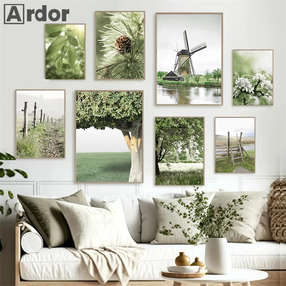 

Spring Tree Poster Grass Landscape Wall Art Canvas Print Flower Art Painting Windmill Posters Nordic Wall Pictures Home Decor