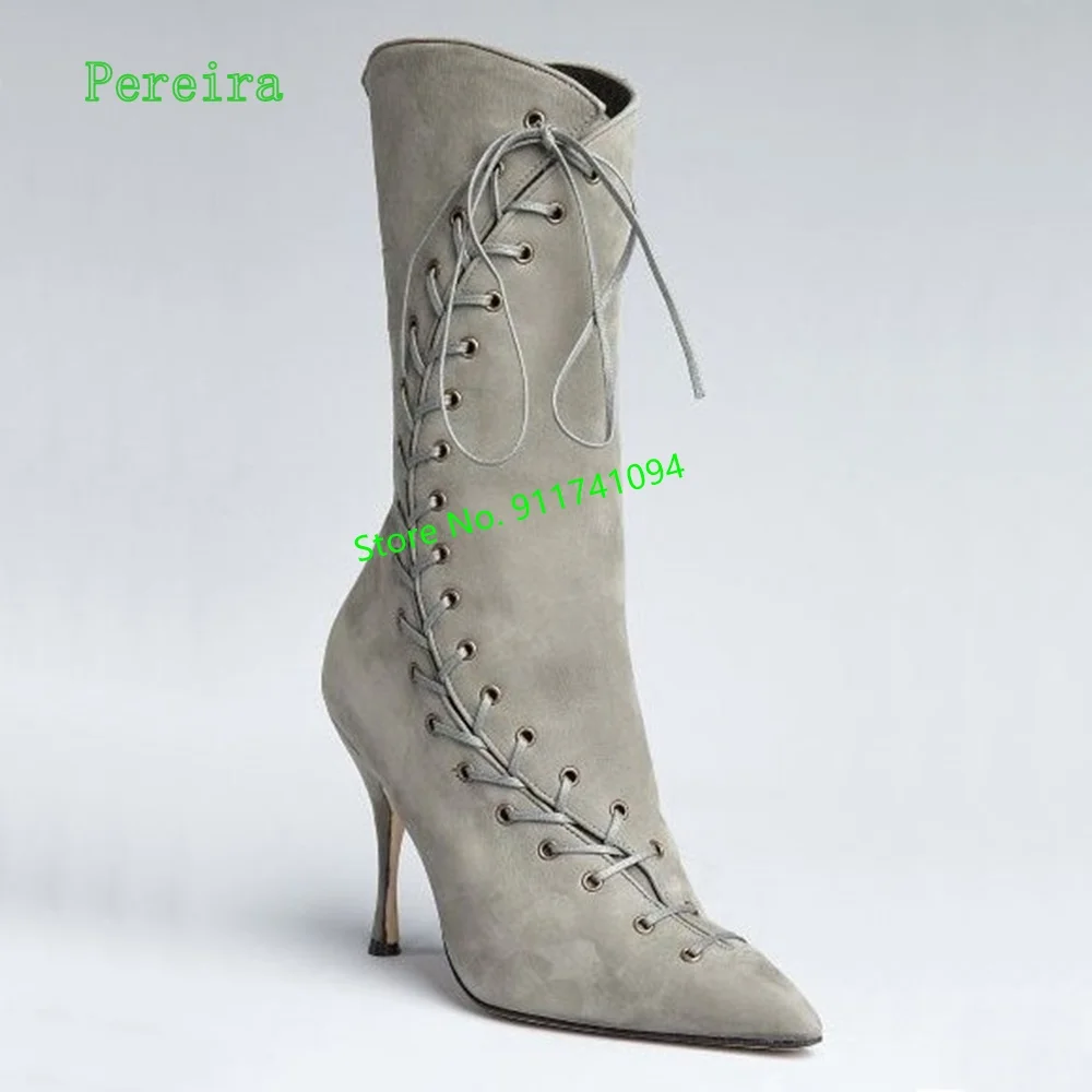 

Gray Lace Up Mid-calf Boots 2022 Women's New Arrival Soild Pointy Toe Stiletto Fashion Commute Classy Shoes For Free Shipping