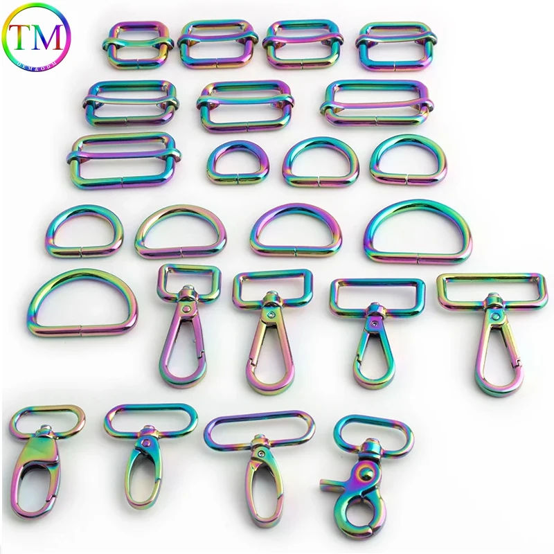 10-20Sets Rainbow Metal Buckle Snap Hook D Ring For Bag Strap Hangbags Collars Webbing Adjust Side Release Hardware Accessories