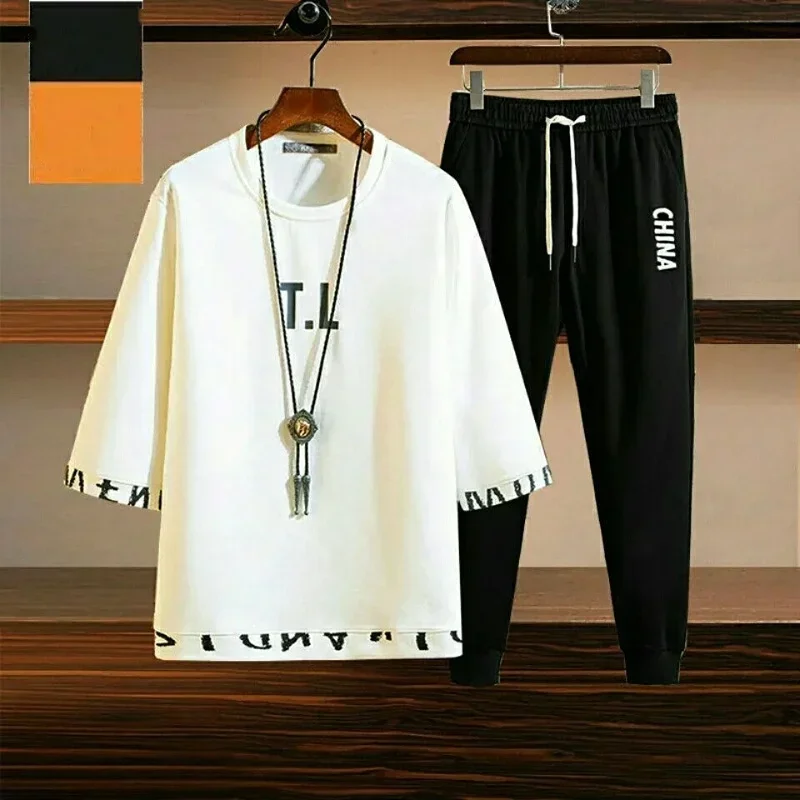 Pants Sets Kpop Chic Clothes for Men Top Slim Fit Casual Stretch Basic Cool Male T Shirt Summer Sweatshirt Sportswear 2023 Trend