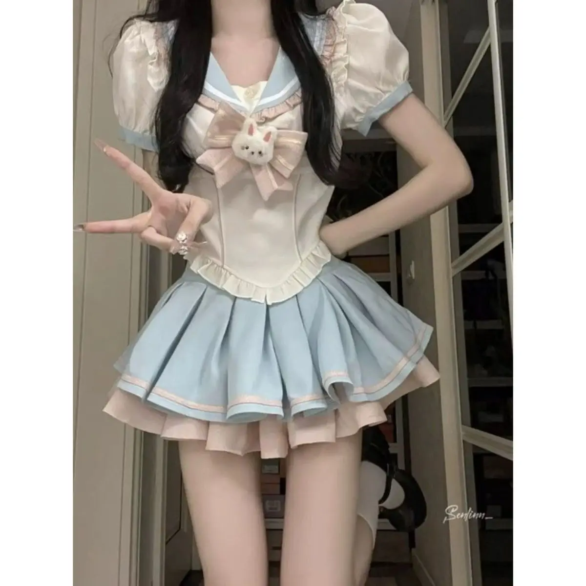 Sweet Kawaii Y2k Two-piece Set Women Lolita Lace Tops Mini Skirt Bunny Bow Tie Sailor Neck Shirts Crop Tops Skirt Japanese