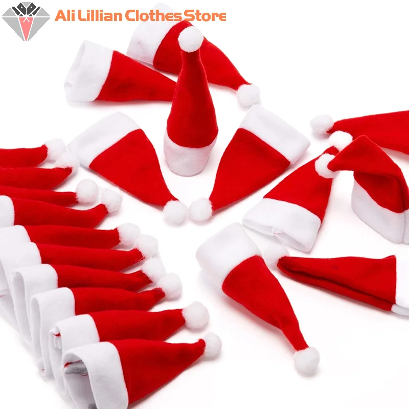 10Pcs Christmas Hats Mini Santa Claus Hat Lollipop Caps Wine Bottle Covers For Xmas Dinner Decoration New Year Party Supplies