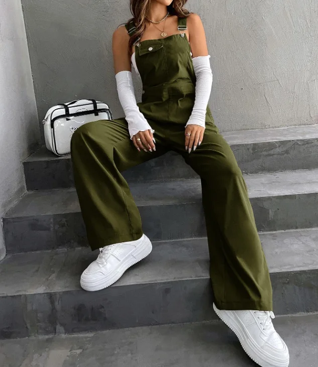 Retro Pocket Solid Color Straight Leg Utility Overalls Loose Fashion Casual Pants