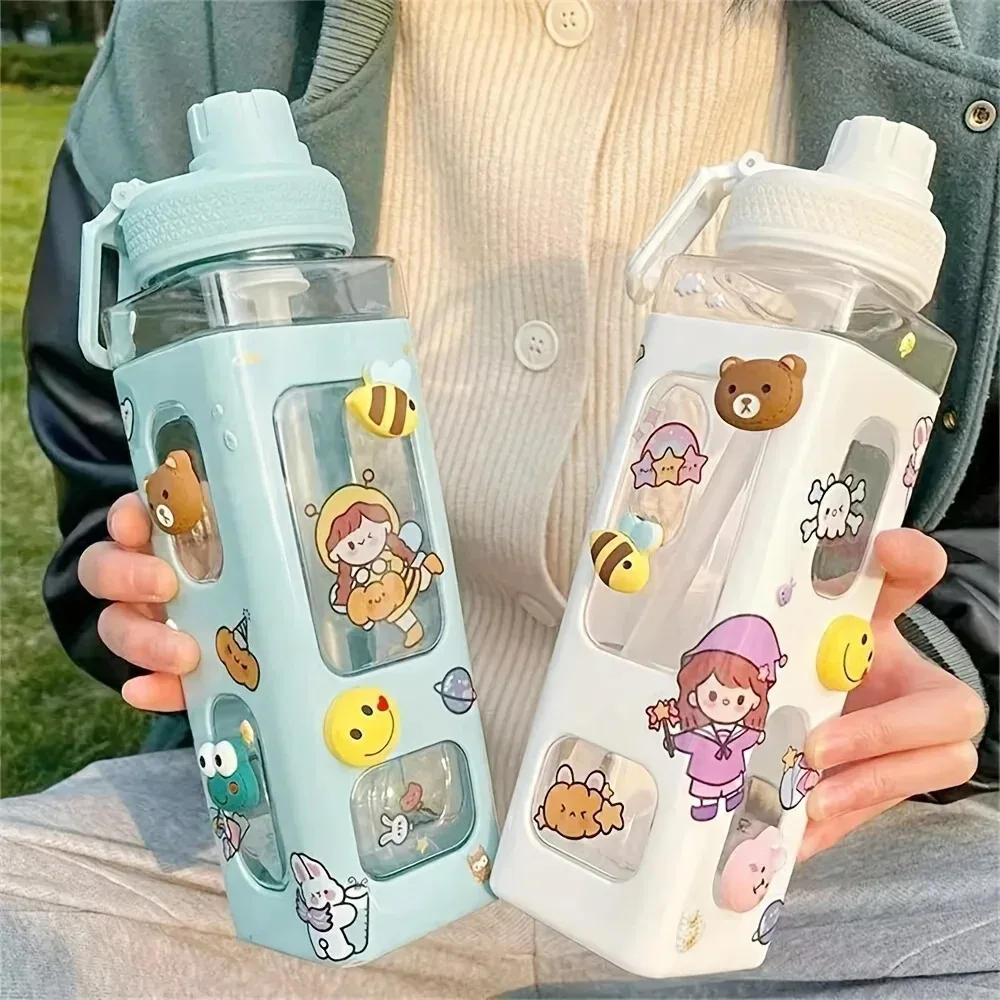 BPA 프리 플라스틱 사각 물컵 휴대용 음료 용기, 귀여운 3D 스티커, 빨대 및 DIY, 1 개, 캠핑 12