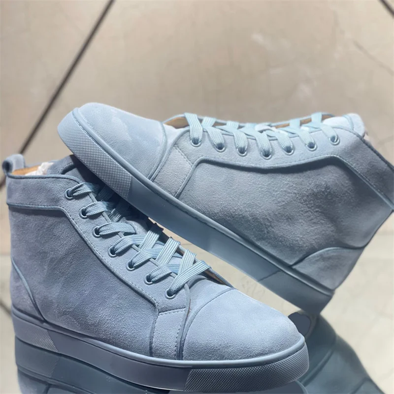 

Luxury Designer Blue Suede Leather Red Bottom High Top Shoes For Men Casual Sports Flats Loafers Women Fashions Wedding Sneakers