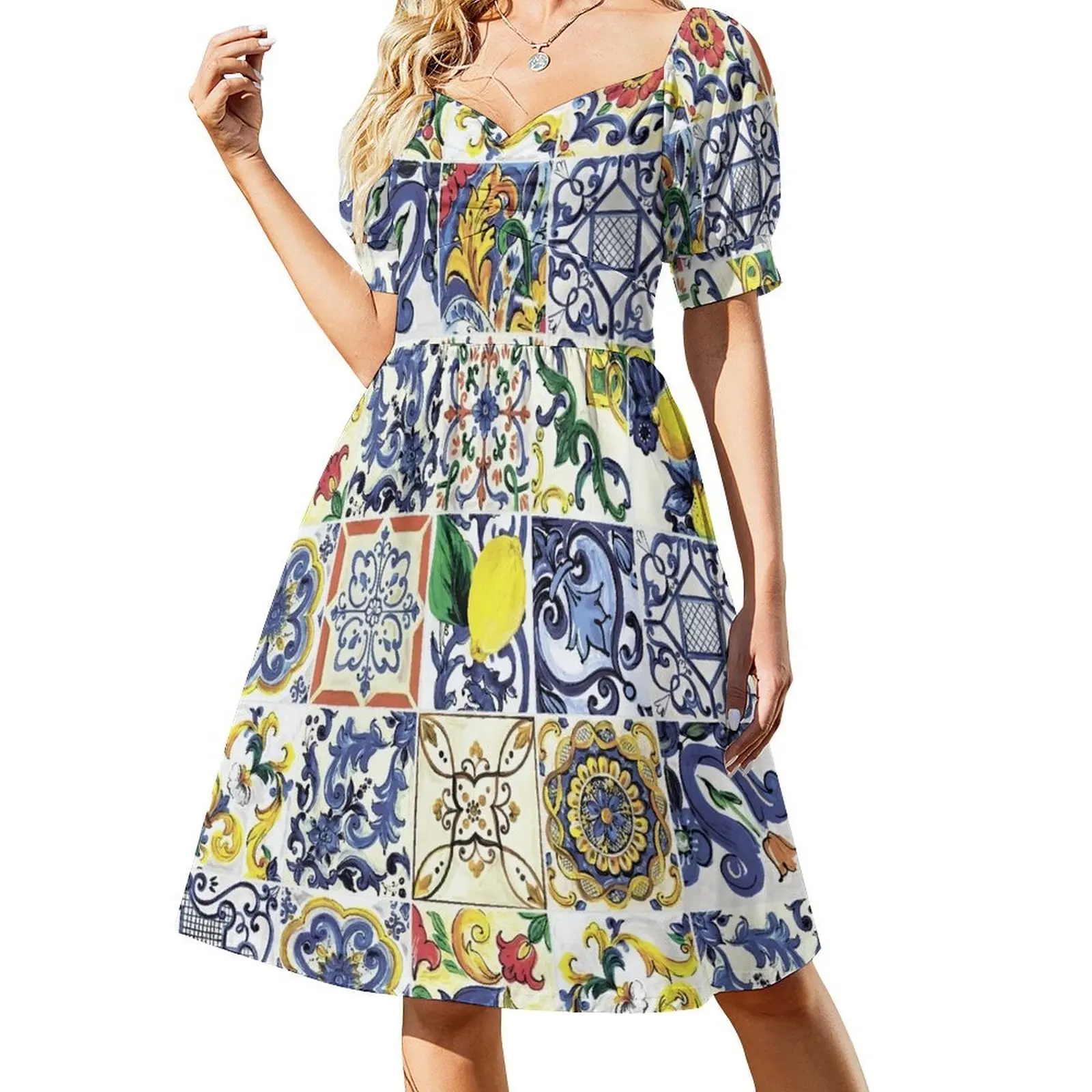 thumbnail image 1 of Vestido de mayólica abstracta de manga corta, vestidos de cumpleaños para mujer, vestido de fiesta para mujer, elegante vestido de verano de lujo para mujer., 1 of 7