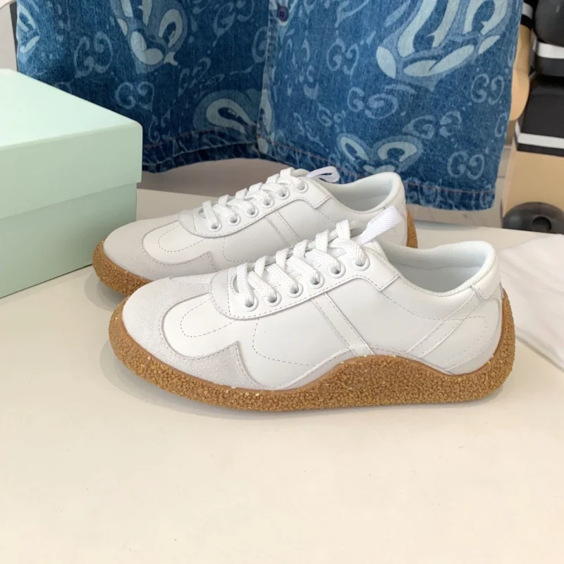 Retro thick soled lace training shoes, lace up sports and leisure shoes, women's leather breathable walking shoes