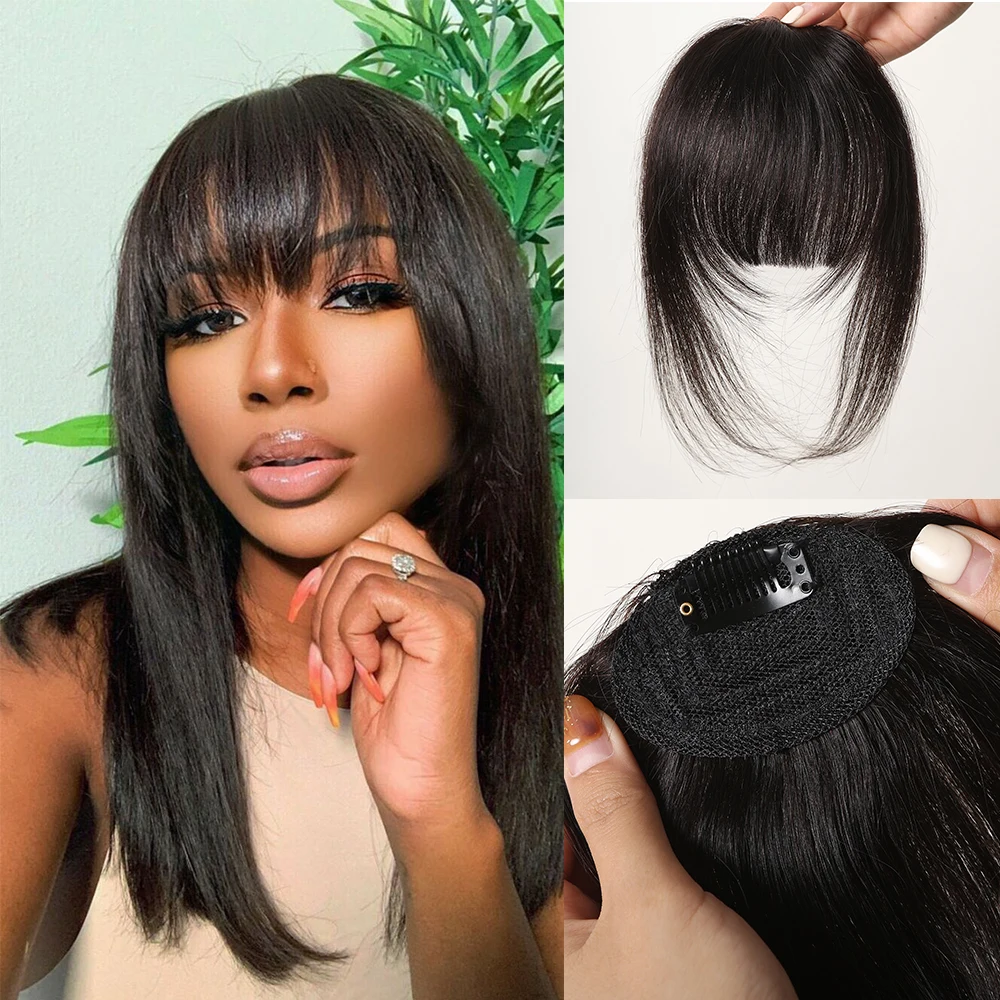 Human Hair Extensions Bangs Fringe Blunt Cut Natural Air Bangs Over Head Clip In Black Brown Remy for Women human hair extensions