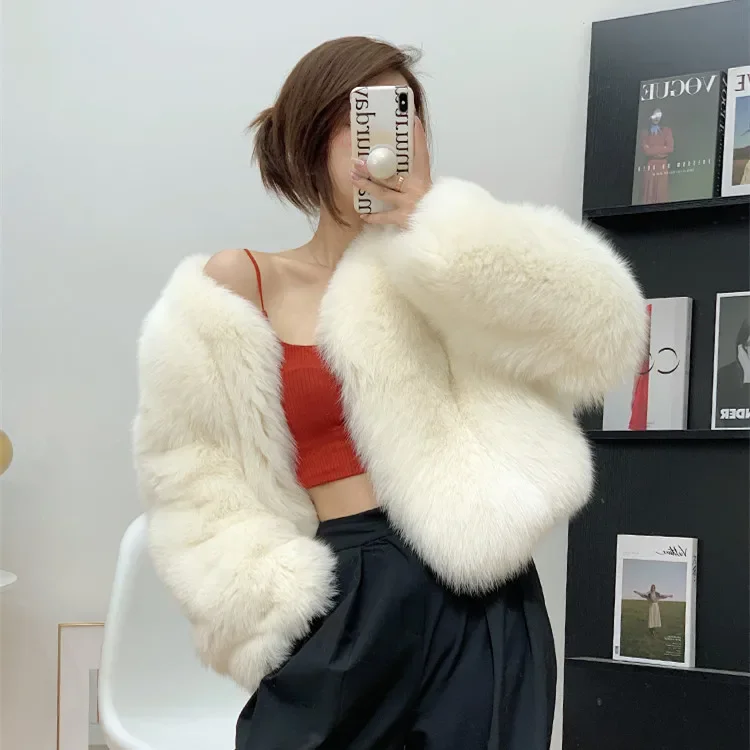 Fox Fur Coat Long Sleeves High Waist Women's Clothes Fur Coat Knitted Thick Warm Fur High Street  Jacket Young Short Outerwear