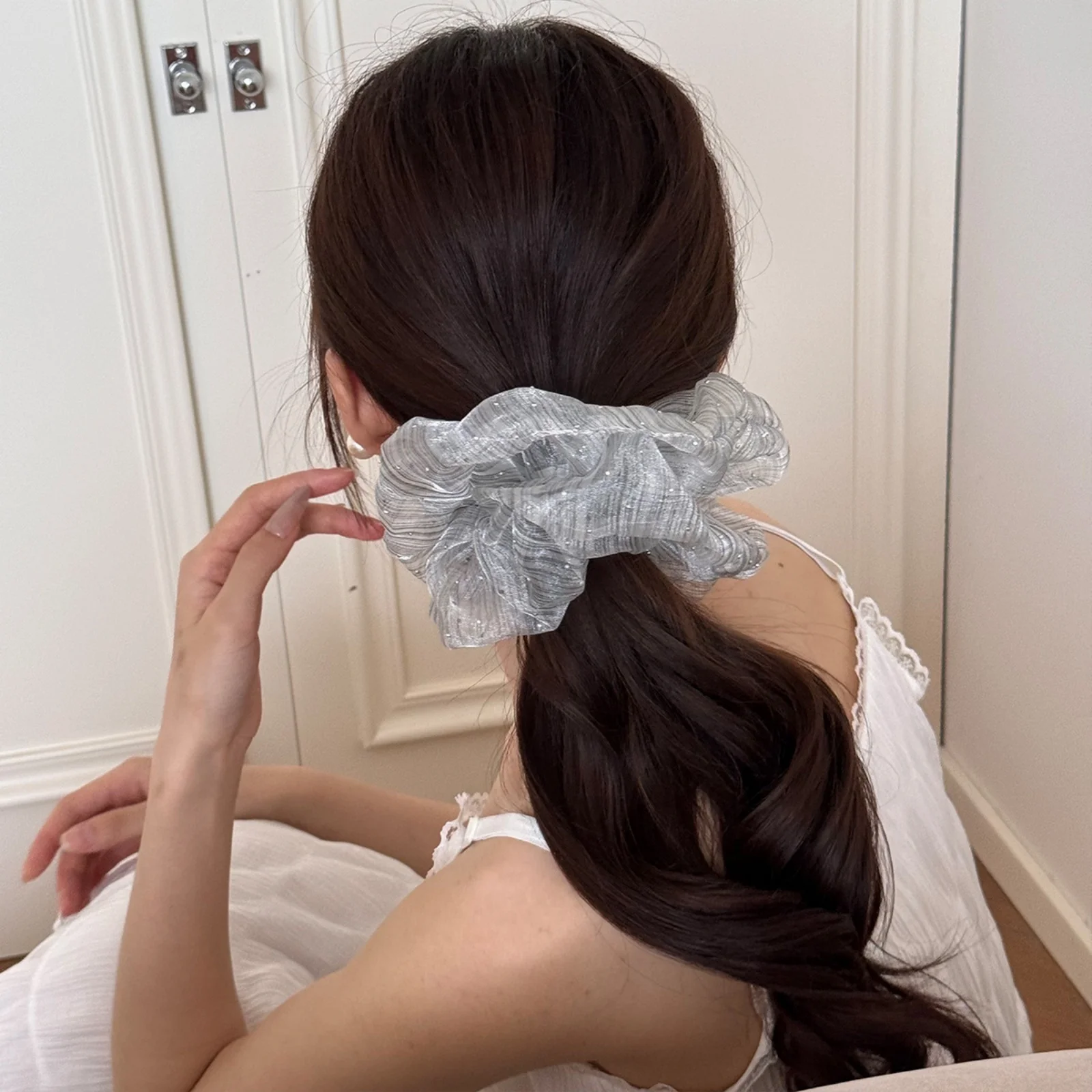 1Pc Sheer Glitter Scrunchies Set, Elegant Organza Hair Ties, Chic Hair Accessories for Women