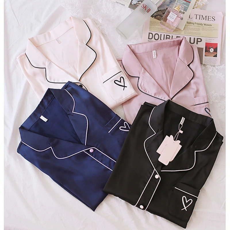 Ling 2pcs Womens Ice Silk Pajamas Set Heart Print  Female Loungewear Cardigan Home Clothes Sleepwear PajamasSummer Short Sleeve