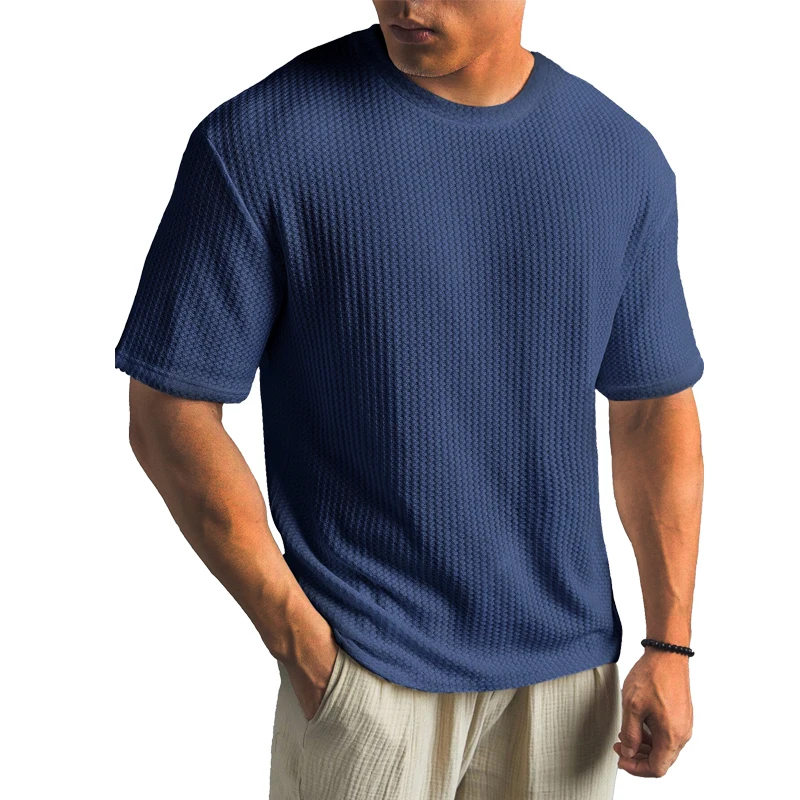 New Summer Waffle Round Neck Short Sleeved T-shirt for Men's Short Sleeved Top Oversized 12 Colors