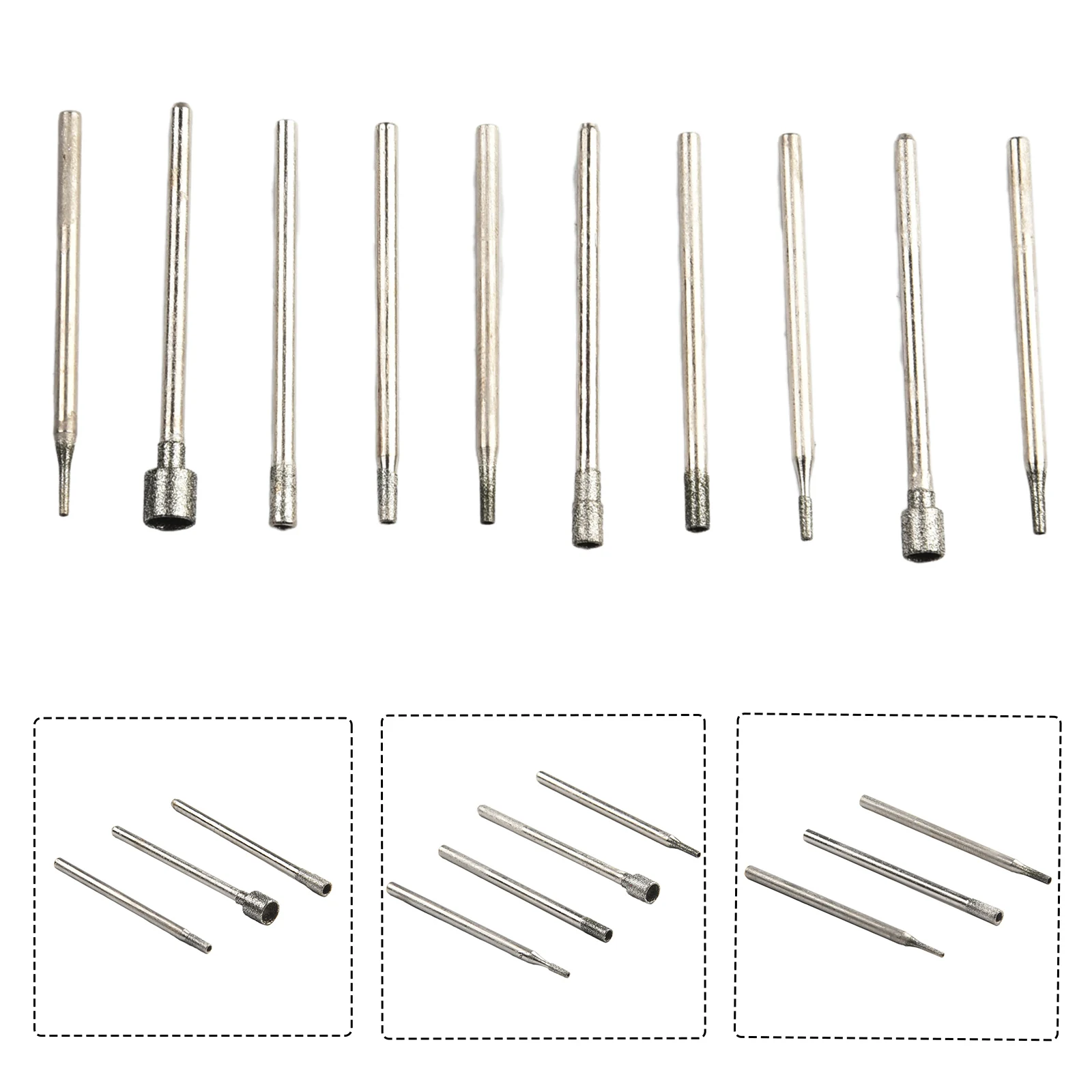 10pcs Diamond Burr Core Set 0.8-5mm Diamond Grinding Head Kit 2.35mm Shank Rotary Tool For Electrical Grinder Accessories
