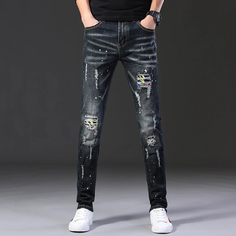 

jeans men Destroyed Hole Black Denim Slim Pantalones Hombre Male High Quality Comfortable Advanced Ripped Biker Casual Designer