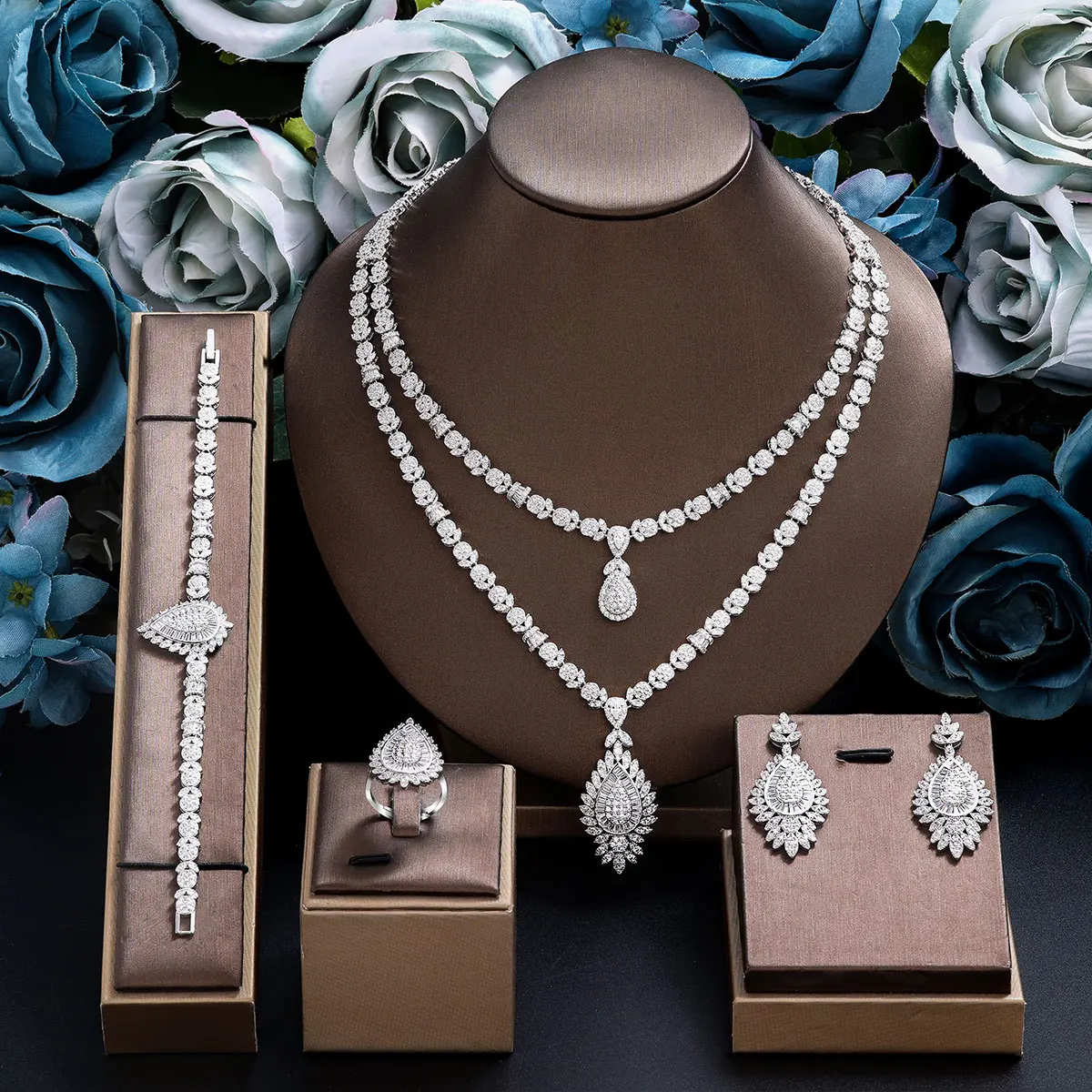 

Fashion Double Layers Drop Necklace Dubai Bride Wedding Jewelry Set for Wedding UAE CZ Zircon 4 Pieces Full Set Jewelry
